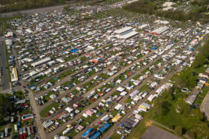 Aerial view of the Carlisle Fairgrounds from Gate 1 facing the grandstand during Spring Carlsisle 2019