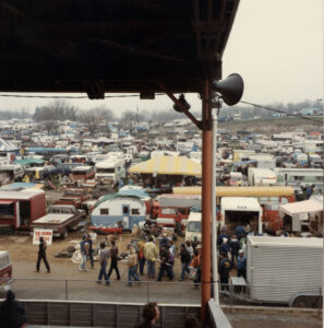 A view from the grandstand at the Carlisle Fairgrounds during Fall Carlisle 1984. Image courtesy of Carlisle Productions, Inc.